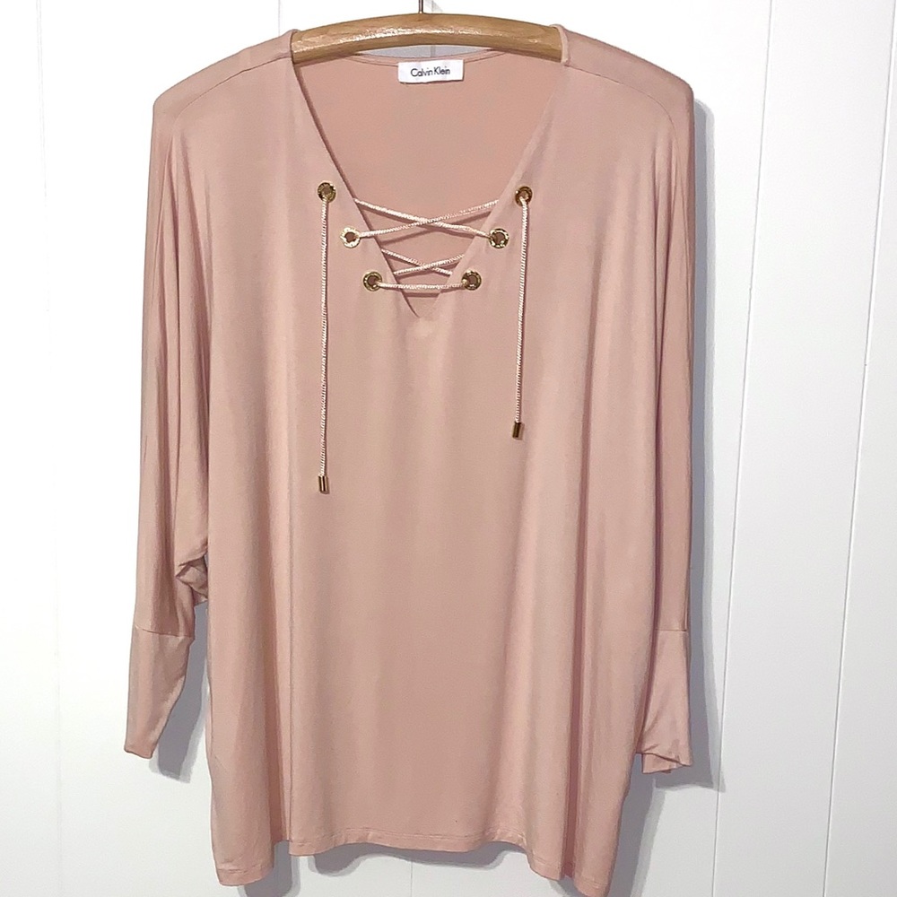 Calvin Klein Lace-Up Sleeve Tee XL Pink NWOT